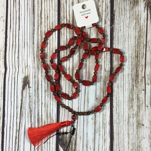 Mindful Movement Moab Jewelry - Wood and Red Bead Handmade Mala Necklace